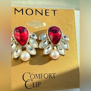 Monet Red and Silver Crystal Earrings